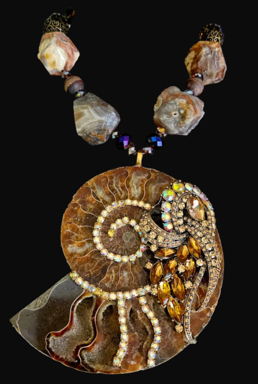 Rhinestone Ammonite Pendant With Bold Rough Agate Necklace - OOAK Luxe