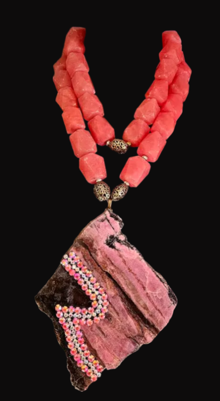 Rhodonite Slab Statement Pendant -  Oversized Salmon Quartz Necklace