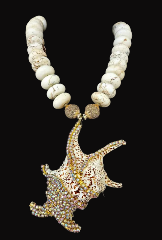 Exotic Jeweled Shell Pendant - Bold White Magnesite Rondelle Necklace