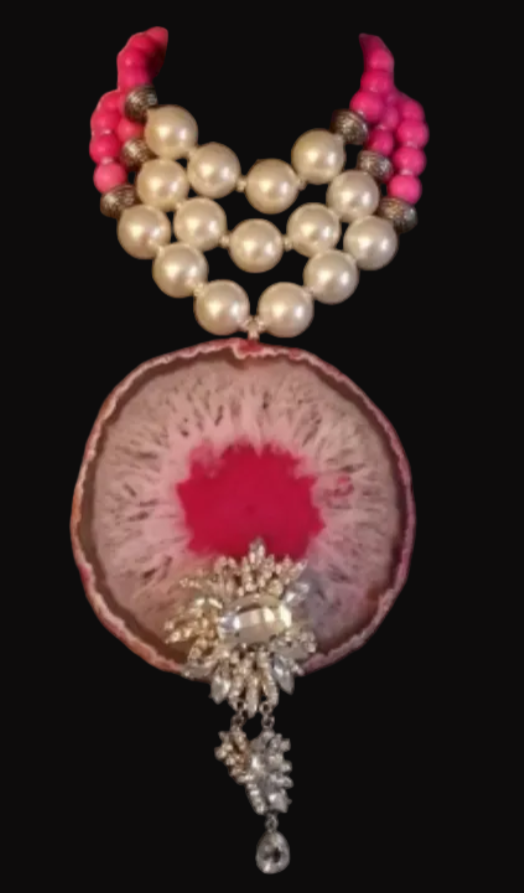 Massive Pink & White Agate Gemstone Pendant With Rhinestone Jewel