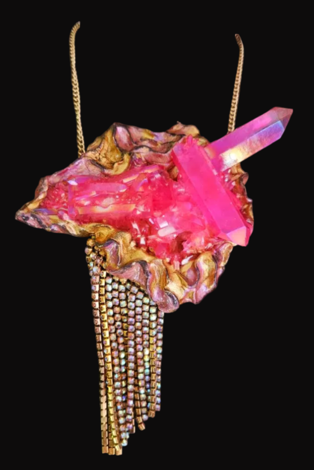 Rough Pink Aura Quartz Sculpted Gemstone Pendant & Rhinestone Fringe