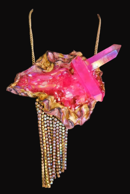Rough Pink Aura Quartz Sculpted Gemstone Pendant & Rhinestone Fringe