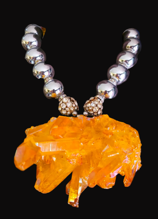 Orange Aura Quartz Gemstone Pendant With Bold Silver Ball Necklace