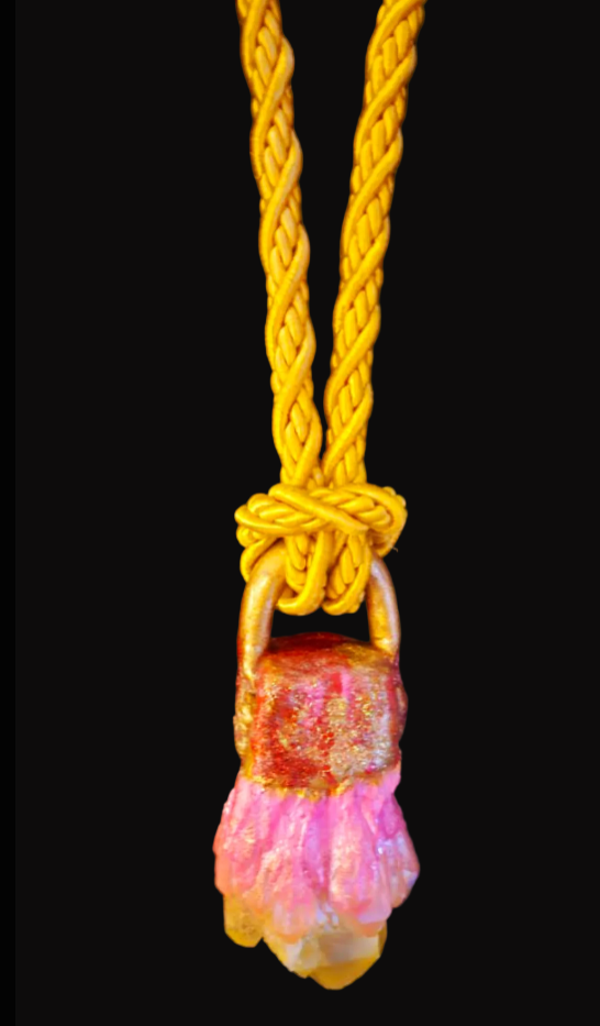 Yellow Orange & Pink Aura Quartz Gemstone Pendant - Silk Rope