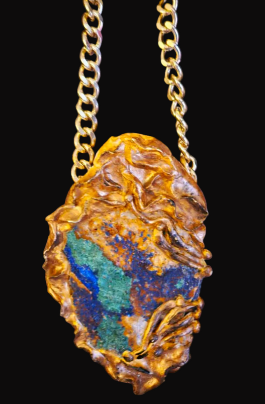 Rough Azurite Malachite Sculpted Gemstone Pendant - Bold Gold Chain