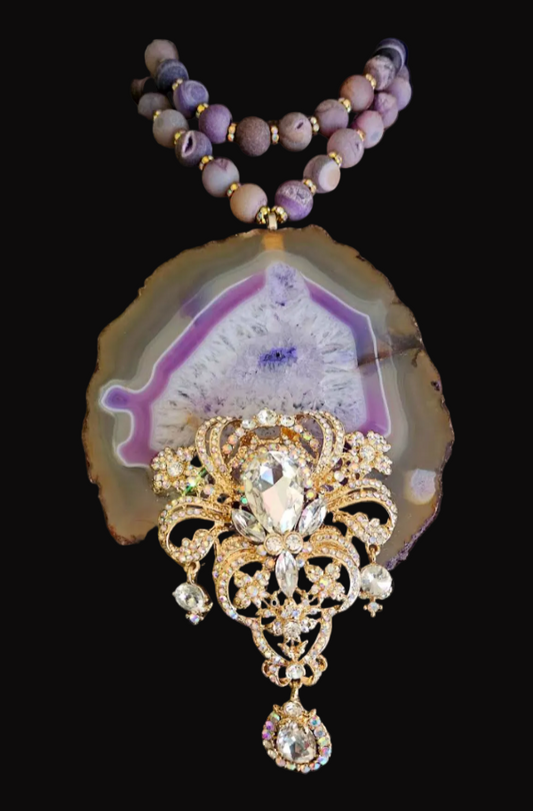 Huge Agate Pendant With Rhinestone Jewel - Frosted Purple Agate Choker