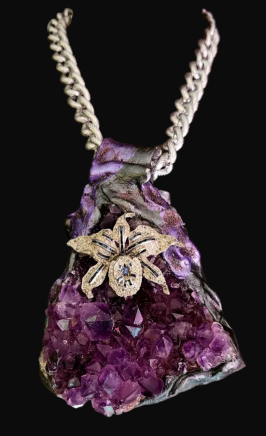 Rough Amethyst Sculpted Pendant Rhinestone Orchid - Sexy Showstopper