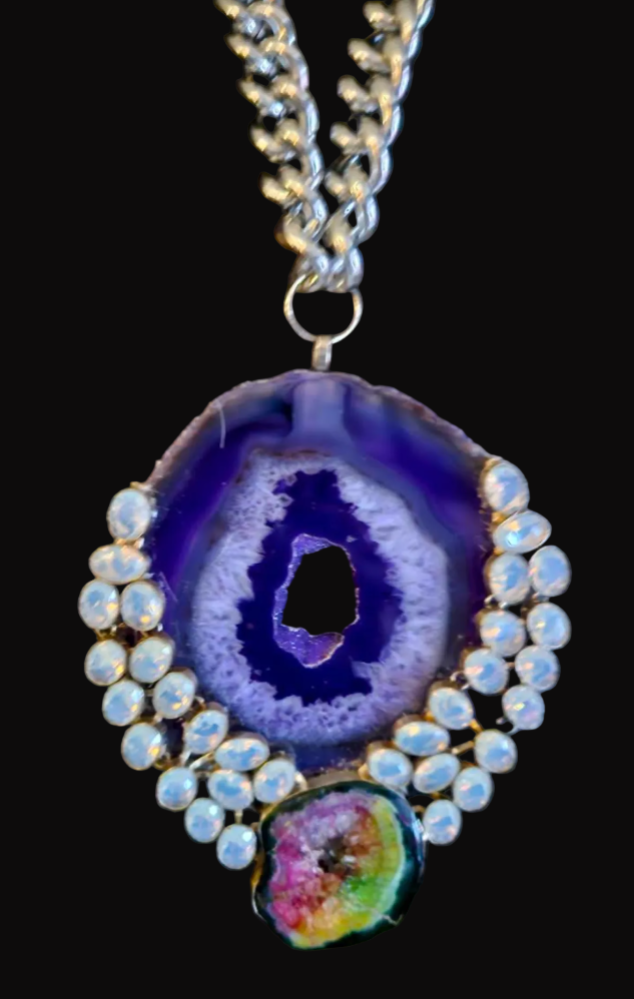 Purple Agate Moonstone & Solar Quartz Oversized Pendant - Rocker Chic