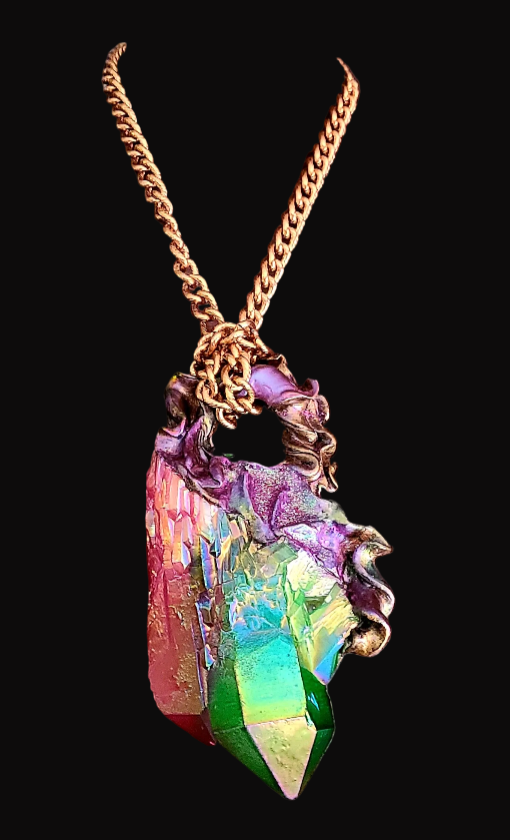 Flame Quartz Gemstone Sculpted Pendant - Rainbow Aura Crystals