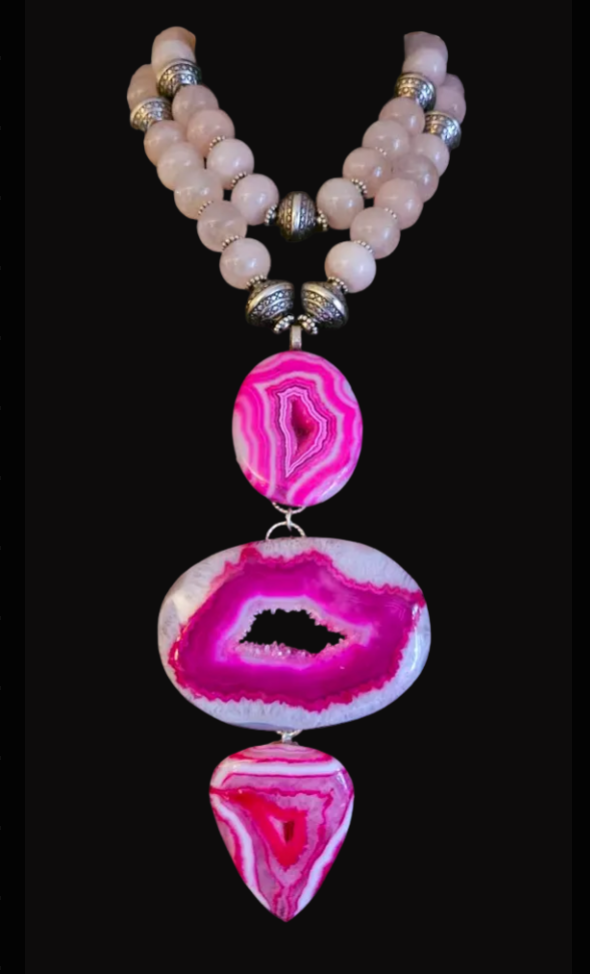 Hot Pink Druzy Agate Totem Chest Piece - Fuchsia Gemstone Pendant