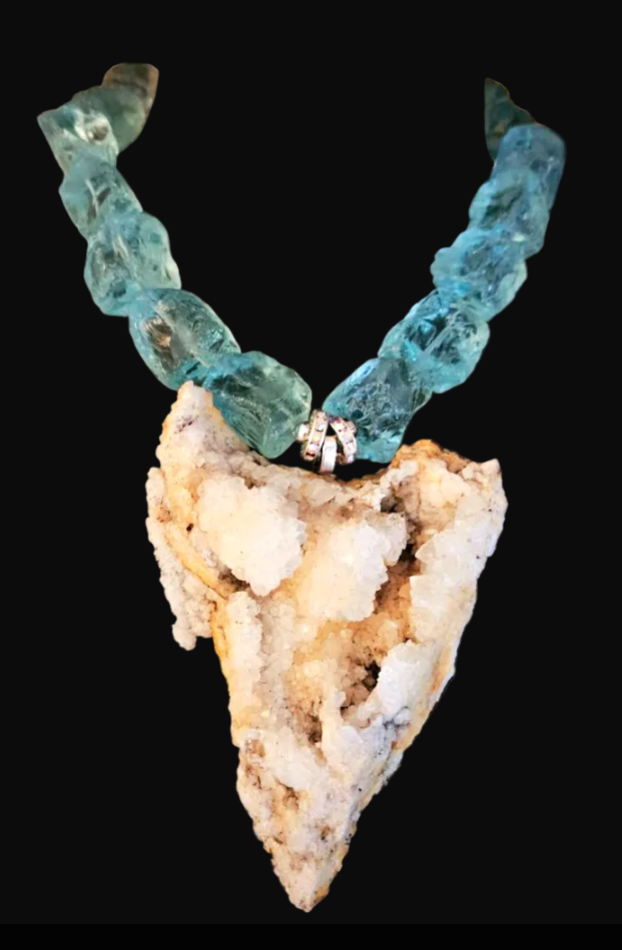 Druzy Crystal Gemstone Pendant On A Rough Aquamarine Necklace - Luxe