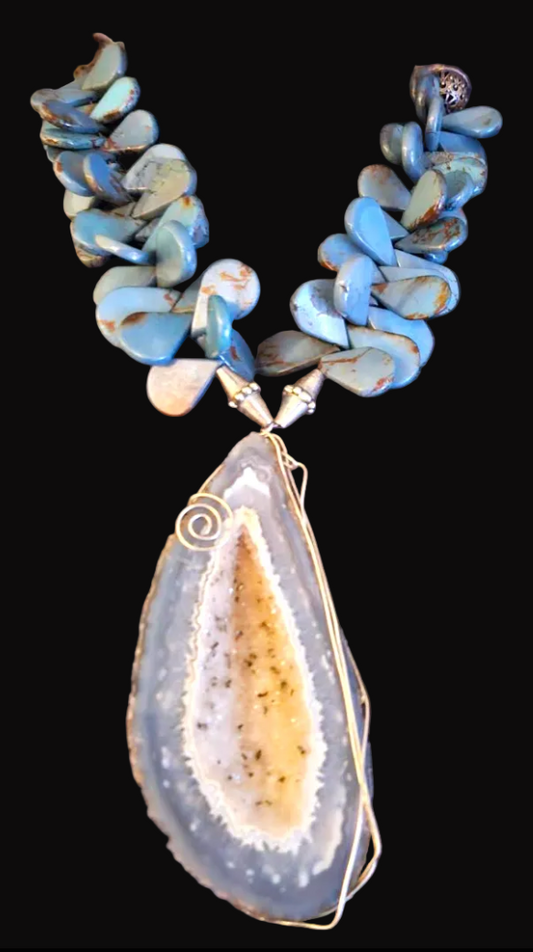 Druzy Geode Wire Wrapped Statement Pendant - Jasper Teardrop Necklace