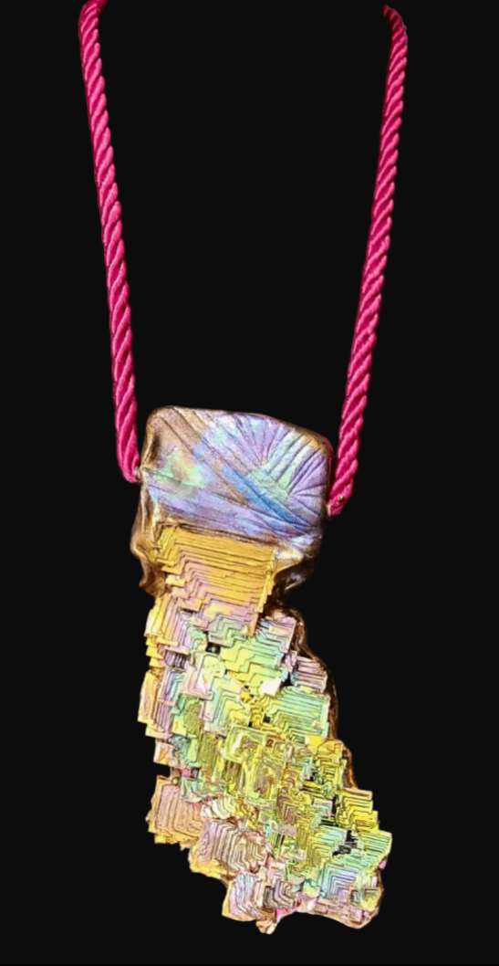 Sculpted Bismuth Talisman On A Silk Rope -Jewel Tone Unisex Talisman