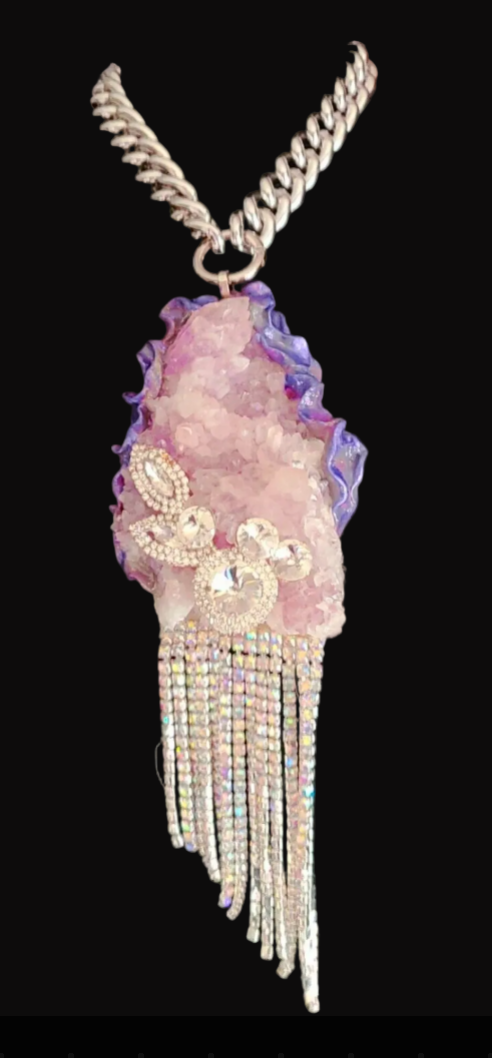 Rare Rough Amethyst Flower Quartz & Rhinestone Statement Pendant