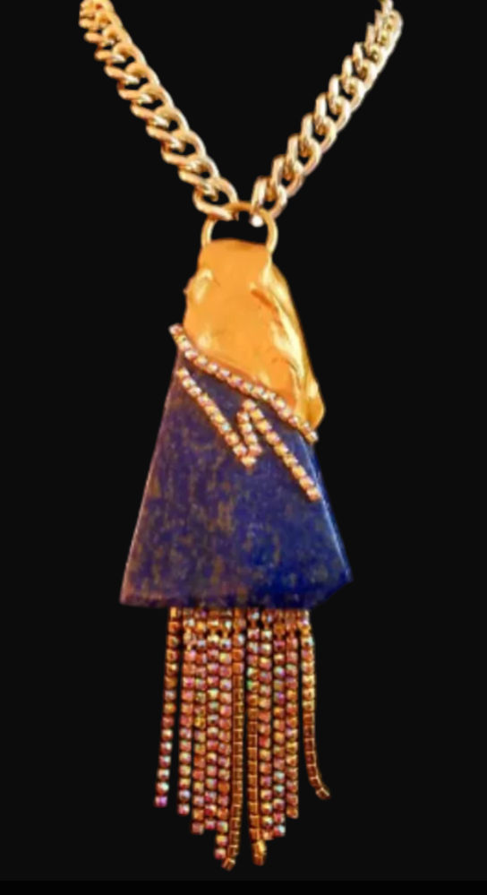 Sculpted Lapis Lazuli & Rhinestone Fringe Art Deco Pendant - Blue Gold