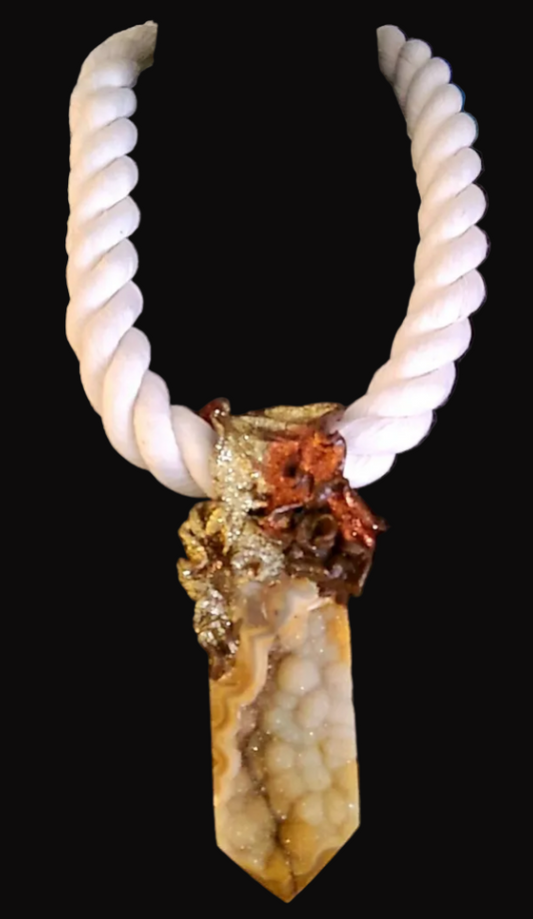 Earthy Druzy Agate Sculpted Tower & Thick Beige Rope - Boho Couture