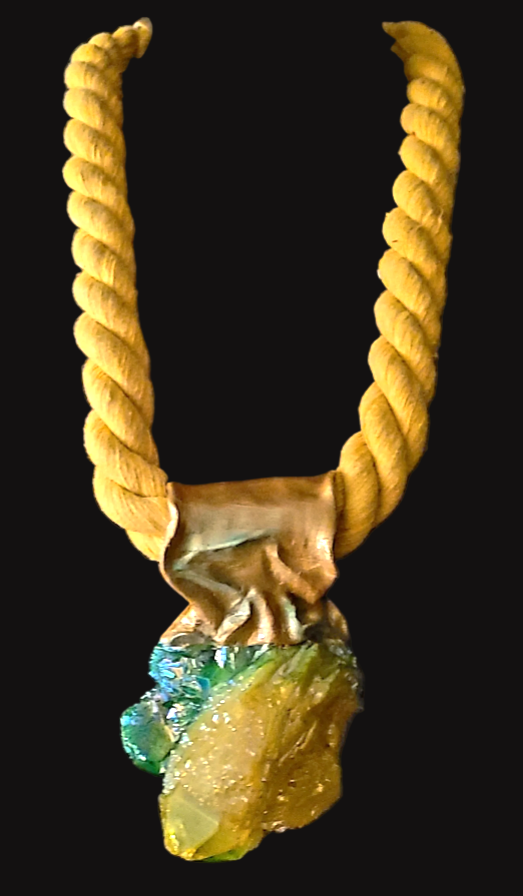 Rough Yellow Green Aura Quartz Sculpted Pendant on a Thick Yellow Rope