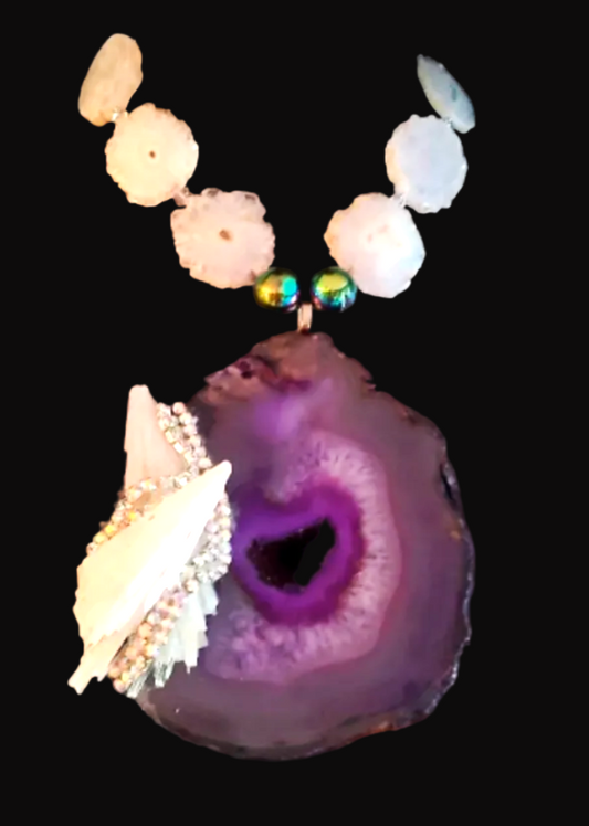 Purple Druzy Agate Scolecite & Rhinestone Chest Piece Necklace - OOAK