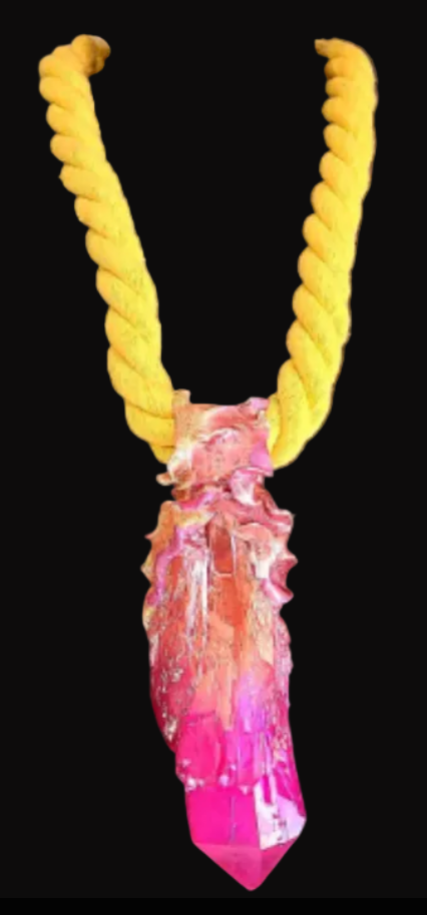 Fuchsia Raw Sculpted Crystal With Yellow Rope -  Sexy Feminine Jewelry