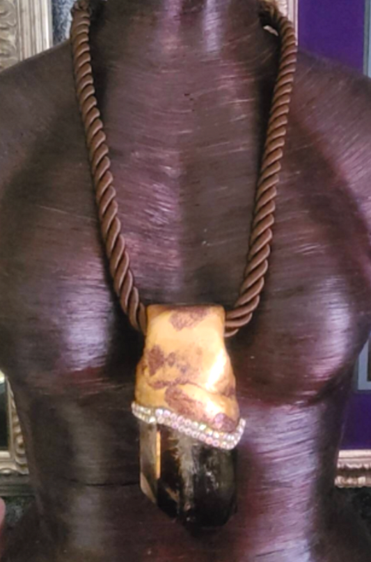 Sculpted Smoky Quartz Point with Rhinestone Trim - Silk Cord Necklace