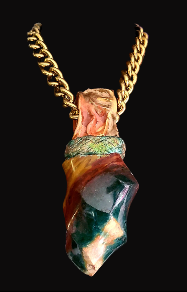 Ocean Jasper Flame Sculpted Pendant with Bold Gold Tone Chain - Autumn
