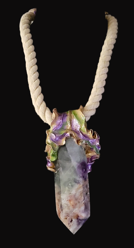 Sculpted Fluorite Gemstone Tower Pendant on a Beige Cotton Rope - Mens
