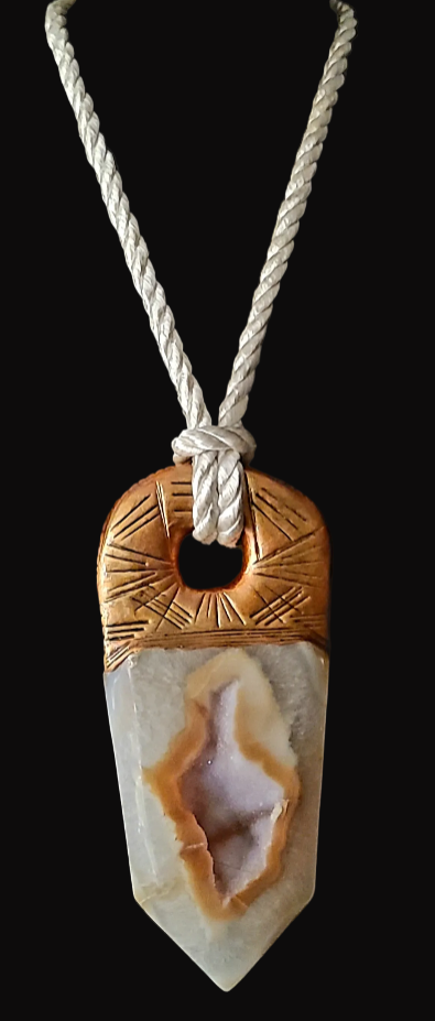 Earthy Druzy Agate Sculpted Tower Pendant on a Silk Cord - Mens Luxury