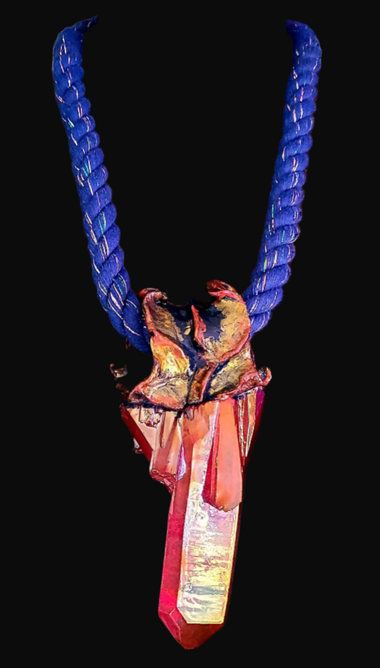 Red Aura Quartz Sculpted Pendant With Blue Rope - Mens High End Amulet