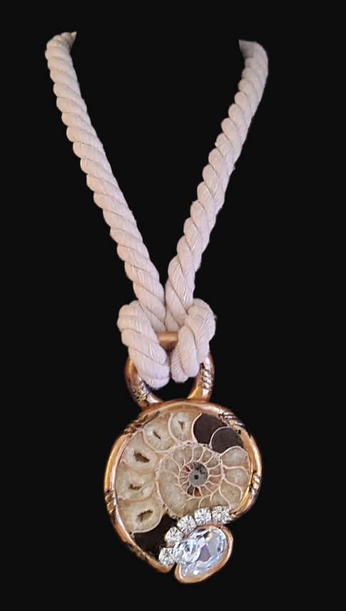 Ammonite Rhinestone Sculpted Unisex Pendant With Beige Rope - OOAK Art