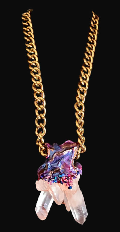 Rare Pink Himalayan Quartz & Rhinestone Sculpted Talisman - Bold Chain