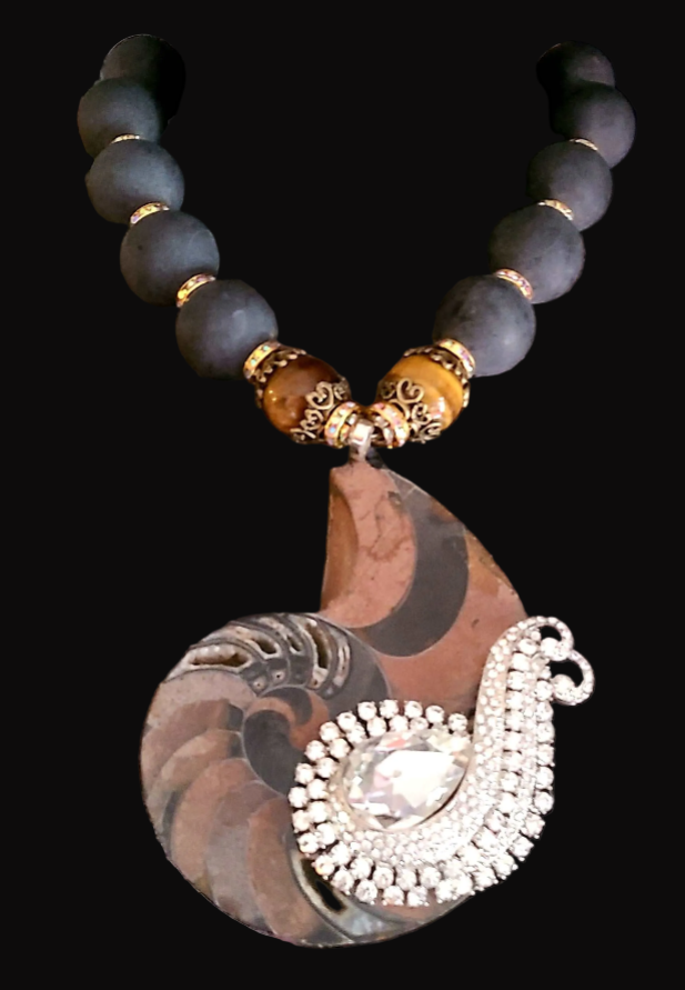 Earthy Ammonite Fossil & Rhinestone Jewel Statement Pendant Necklace