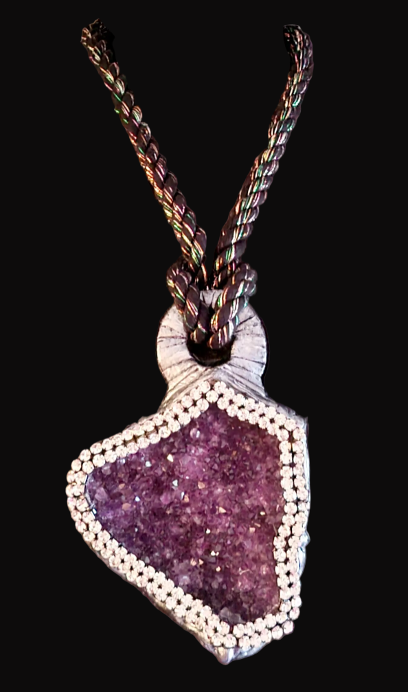 Amethyst Geode Sculpted Pendant with Rhinestone Trim - Metallic Rope