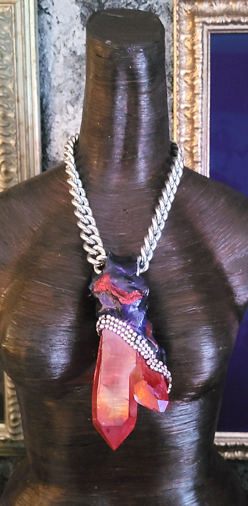 Ruby Red Aura Quartz & Rhinestone Gemstone Pendant With Bold Chain
