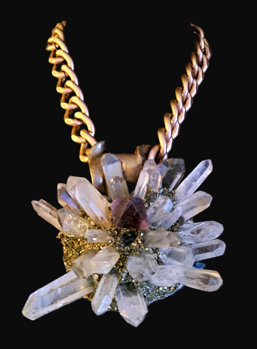 Quartz Fluorite & Pyrite Sculpted Sunburst Gemstone Pendant -Hip Hop