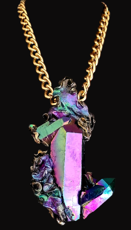 Stately Titanium Jewel Tone Sculpted Quartz Amulet - Metallic Rainbows