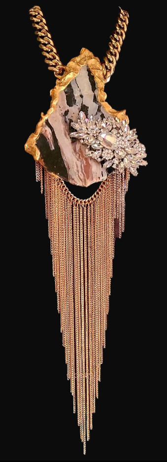 Exotic Zebra Jasper Slab & Rhinestone Chainmail Chest Piece - Couture