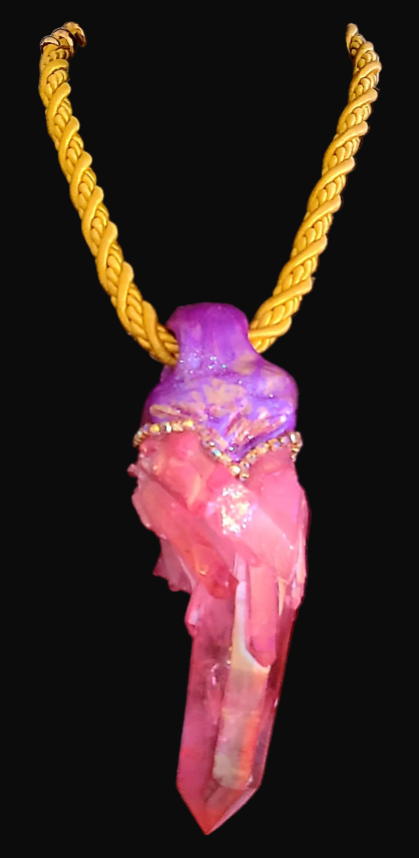 Hot Pink & Orange Rough Crystal Quartz Sculpted Pendant - Satin Cord