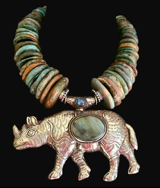 Bold & Heavy Guatemalita Jade Disk Statement Choker - Rhino Pendant
