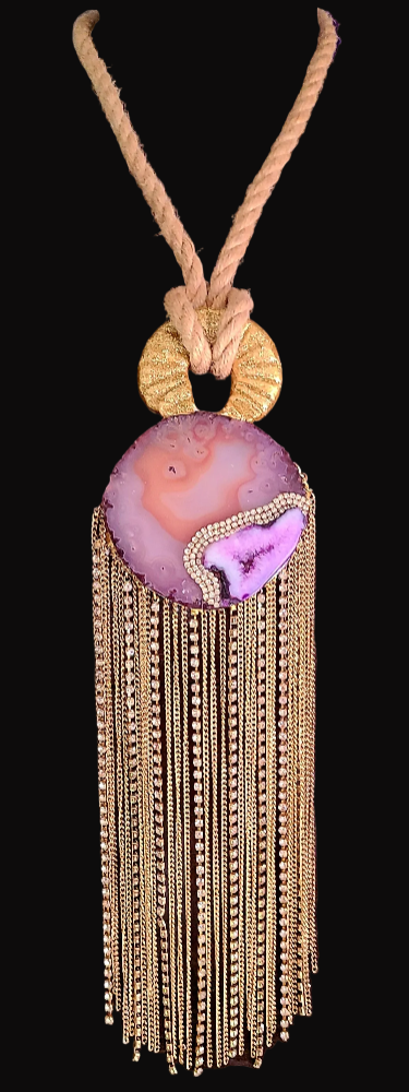 Light Pink Agate & Rhinestone Chainmail Sculpted Pendant - Hemp Rope
