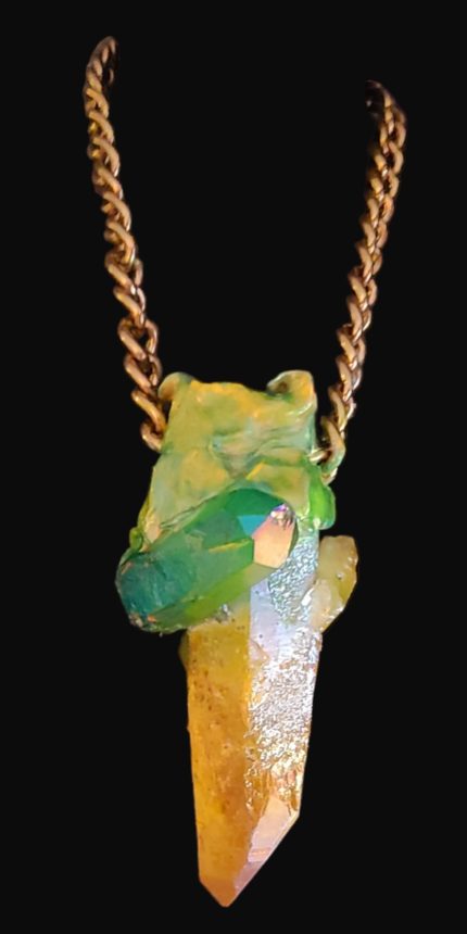 Yellow & Green Rough Aura Quartz Sculpted Statement - Warm Brass Chain
