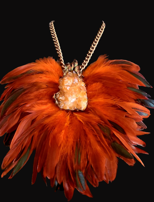 Rough Citrine Orange Feather Theatrical Statement Pendant - Eccentric