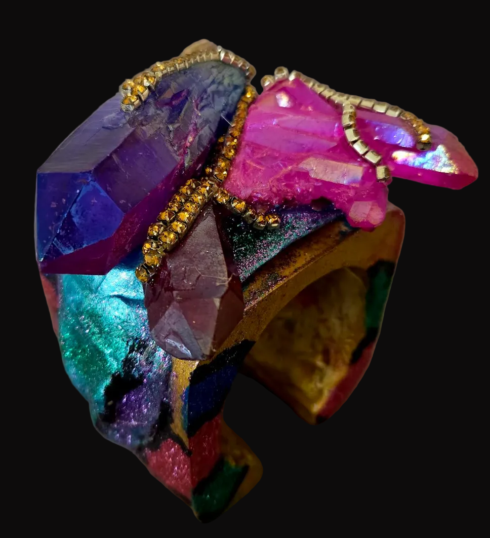 Jewel Tone Quartz & Rhinestone Oversized Statement Cuff - Showstopper