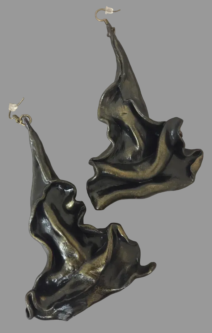 Avant Garde Faux Bronze Sculpted Architectural Pierced Earrings - OOAK