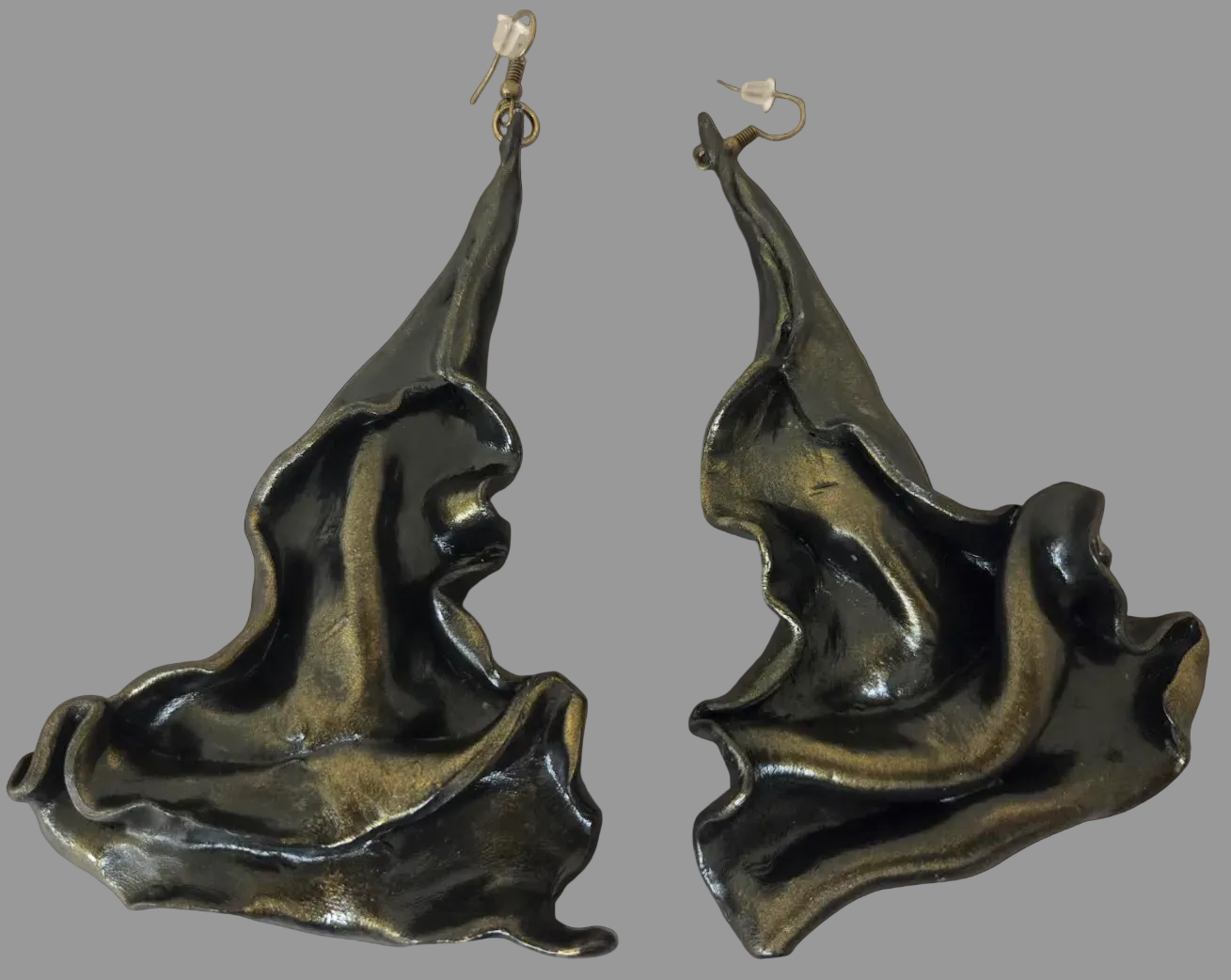 Avant Garde Faux Bronze Sculpted Architectural Pierced Earrings - OOAK