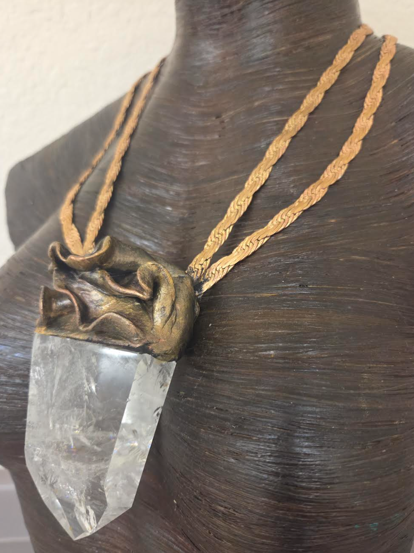 Sculpted Crystal Point Unisex Amulet With Vintage Brass & Copper Chain