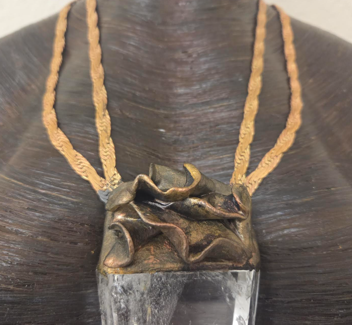 Sculpted Crystal Point Unisex Amulet With Vintage Brass & Copper Chain