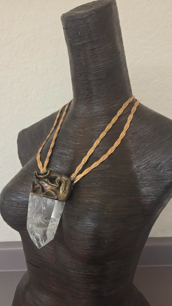 Sculpted Crystal Point Unisex Amulet With Vintage Brass & Copper Chain