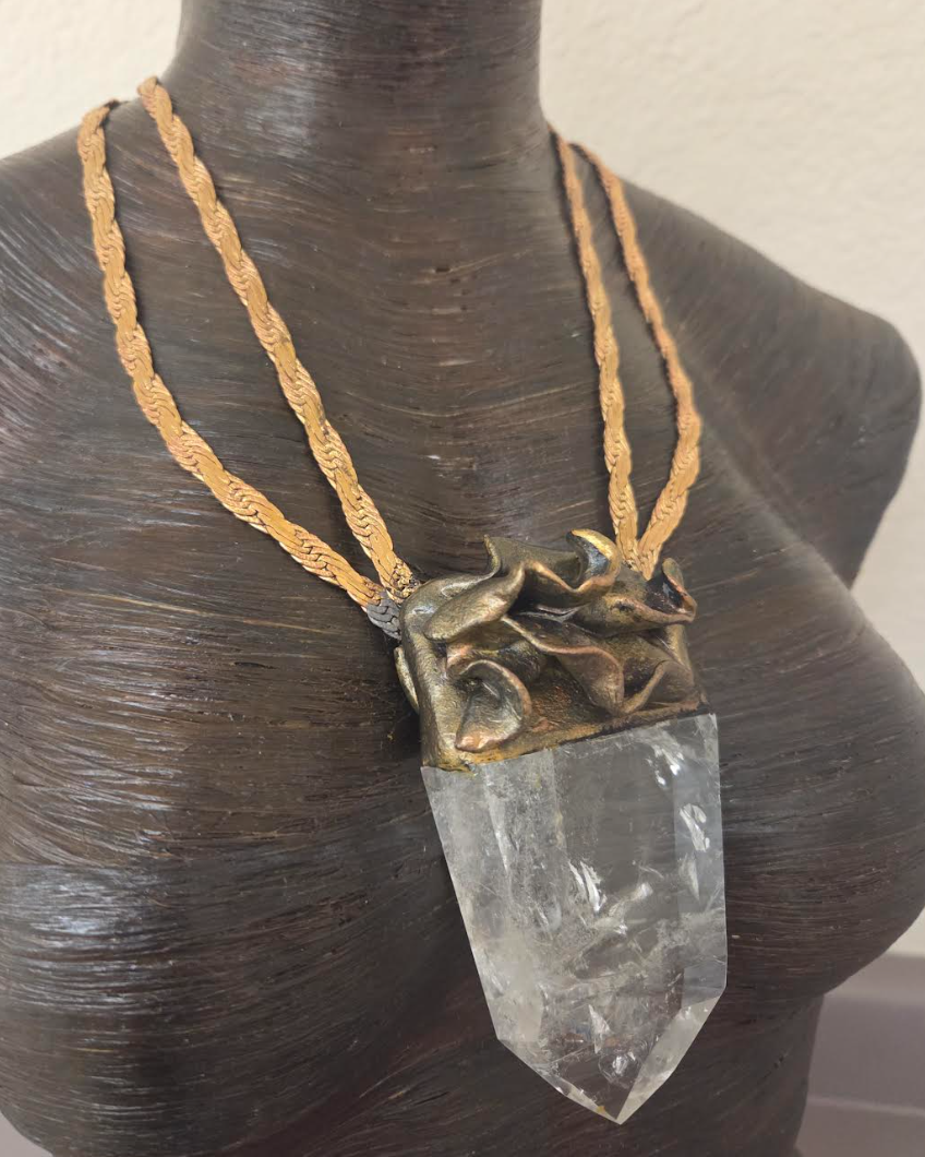Sculpted Crystal Point Unisex Amulet With Vintage Brass & Copper Chain
