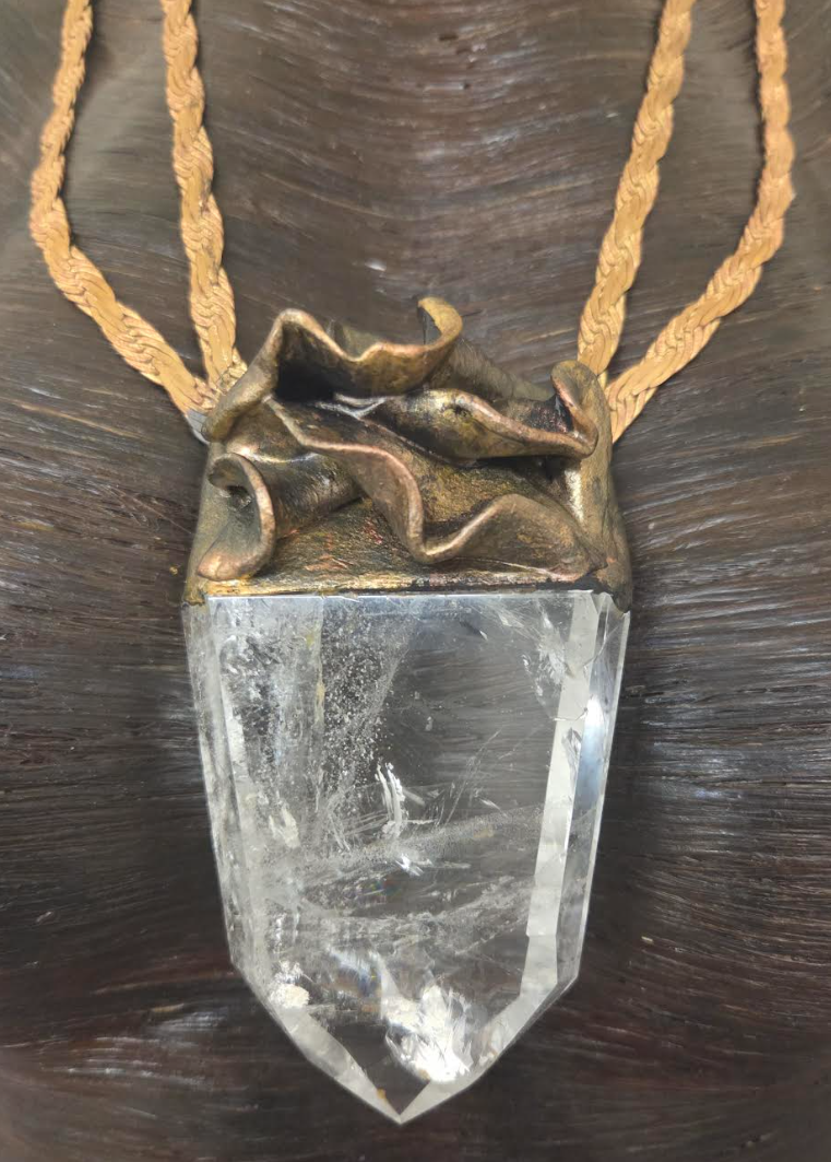 Sculpted Crystal Point Unisex Amulet With Vintage Brass & Copper Chain
