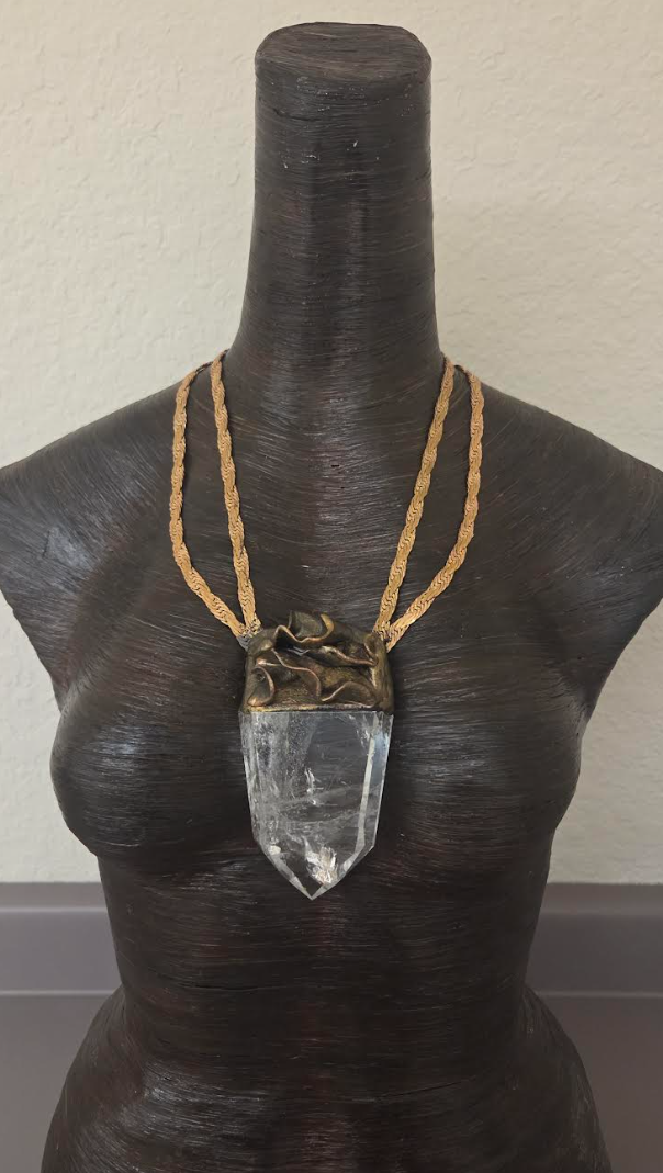 Sculpted Crystal Point Unisex Amulet With Vintage Brass & Copper Chain